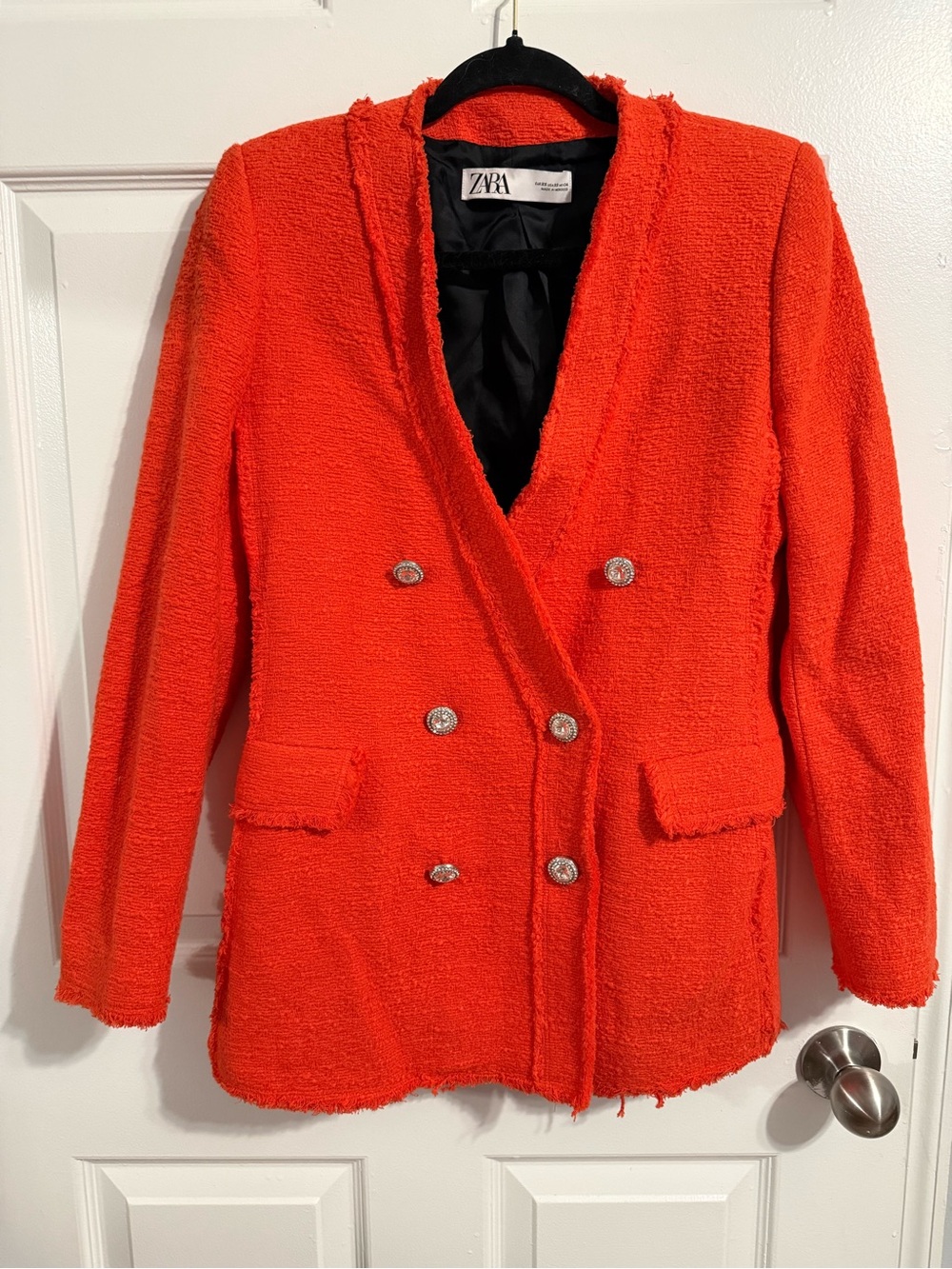 Zara Double-Breasted Bouclé Blazer in Bright Red
